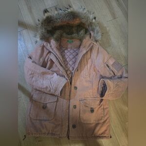 Pink Hooded Parka with Faux Fur Trim